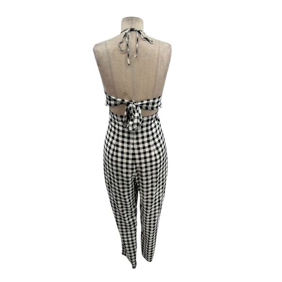 Zara Jumpsuit Cut Out Halter Gingham Check Plaid Linen Blend Black White Size XS - Picture 7 of 14